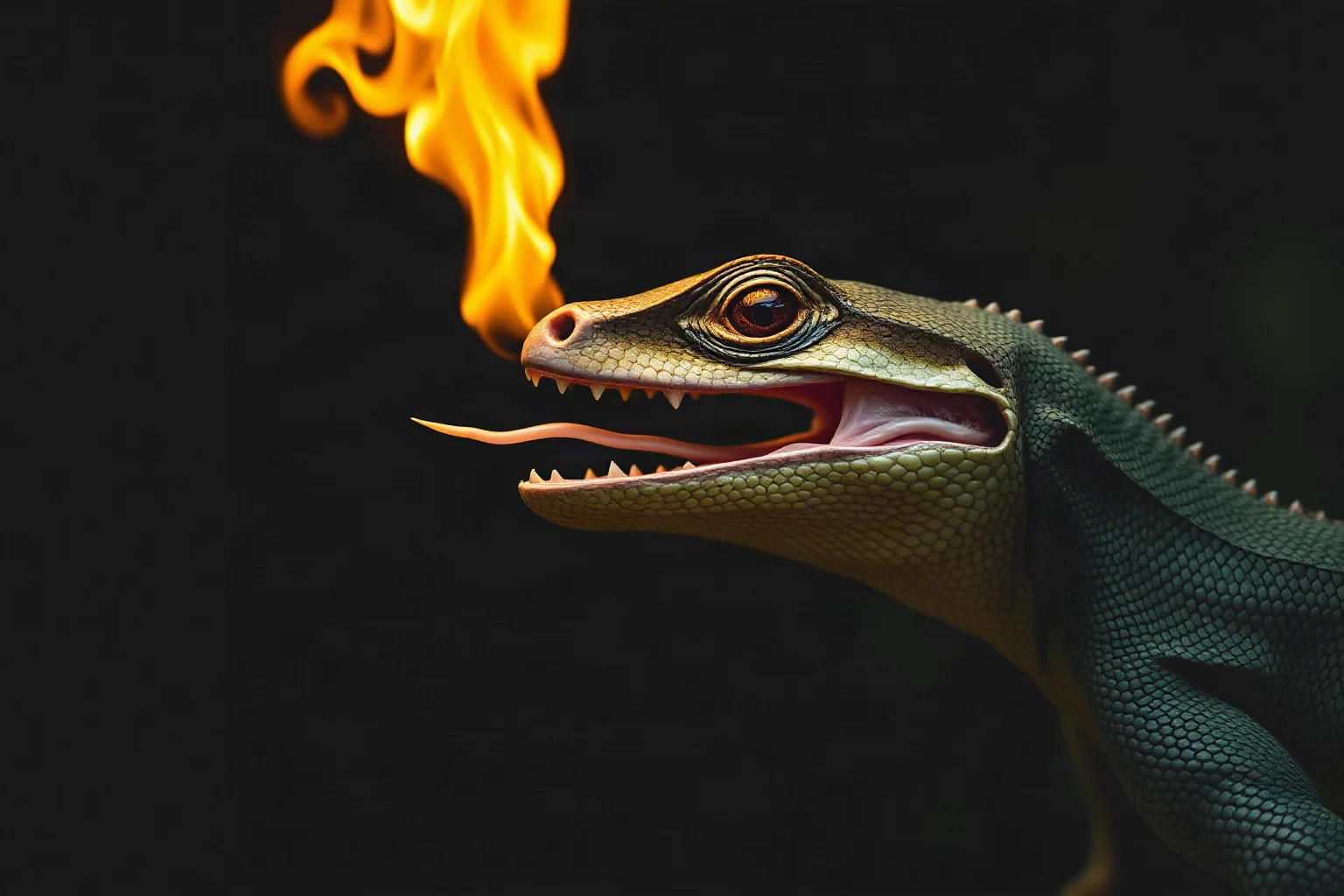 Conceptual illustration of a reptile's throat unable to produce flame, cutaway biological diagram style
