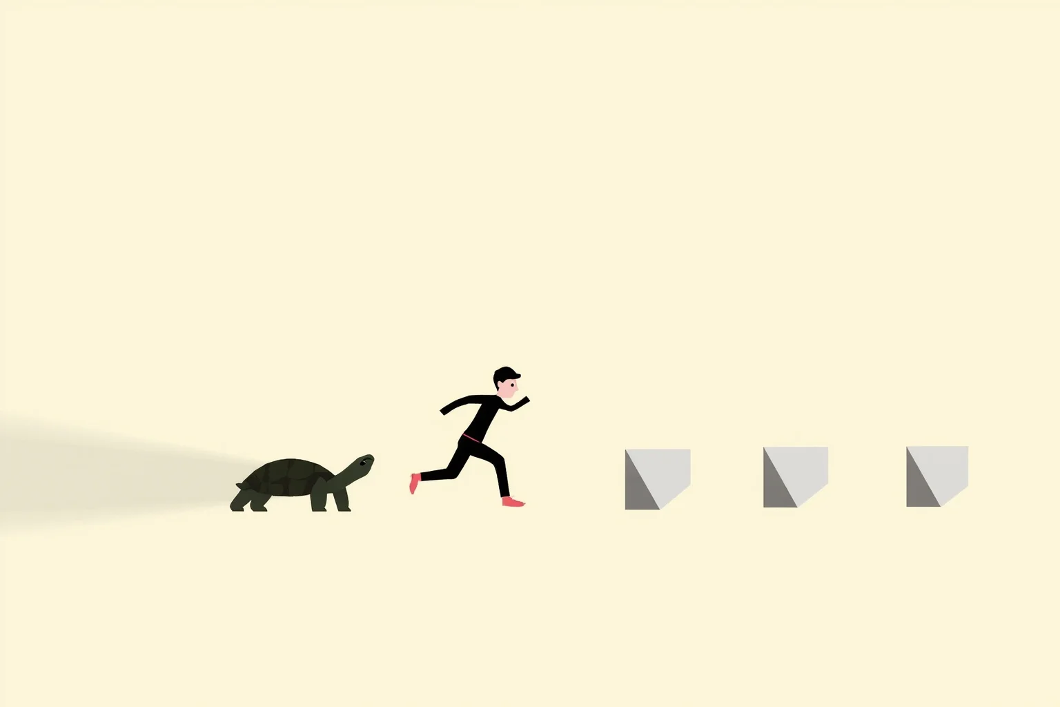 Conceptual illustration of a tortoise and a runner frozen mid-race with geometric distance markers, minimalist