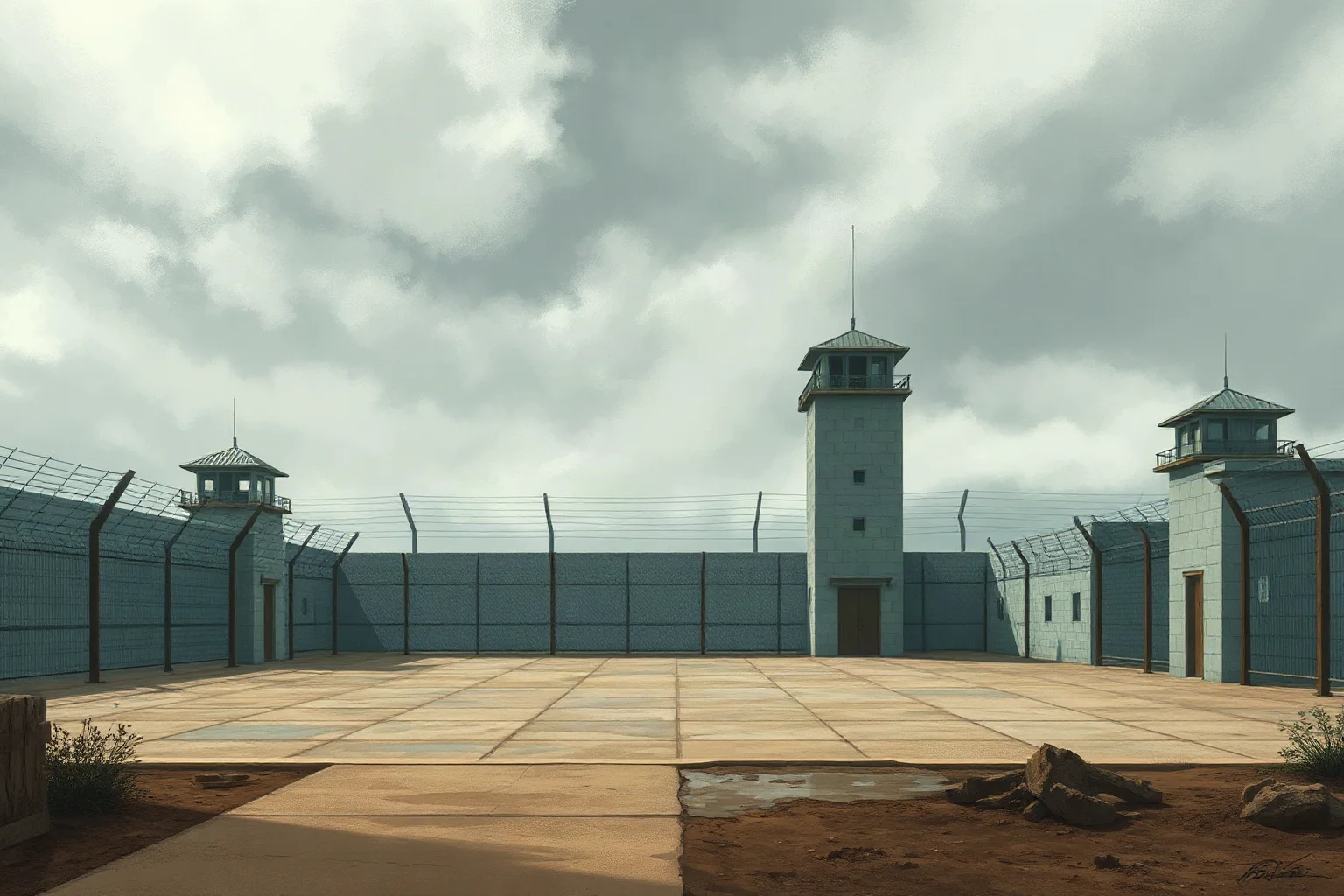 Concrete prison yard with watchtowers under overcast sky, tense standoff atmosphere, illustrative style