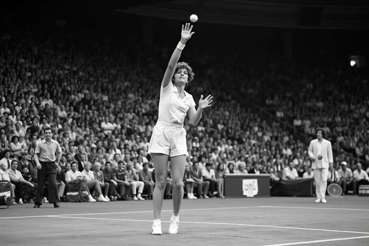 Female Athletes In History Who Changed The Game 13 Confident 1970s female tennis player mid-serve on an indoor hardcourt with a packed arena audience