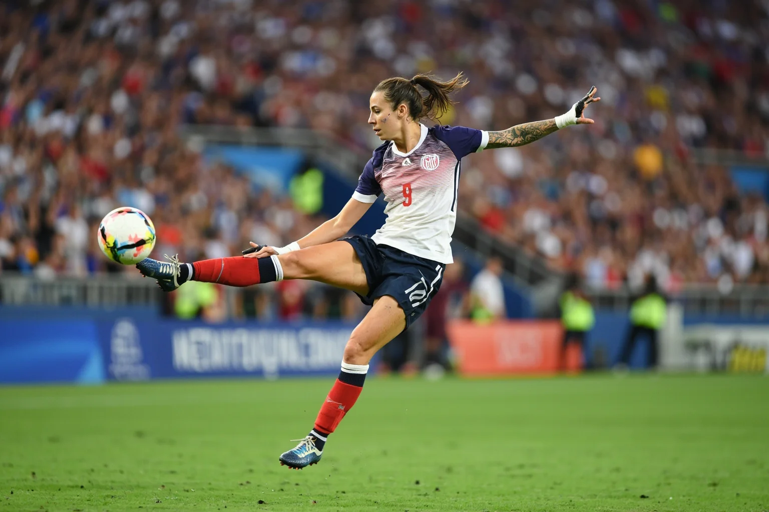 Female Athletes In History Who Changed The Game 21 Confident female soccer player striking a ball mid-air during a packed World Cup stadium match