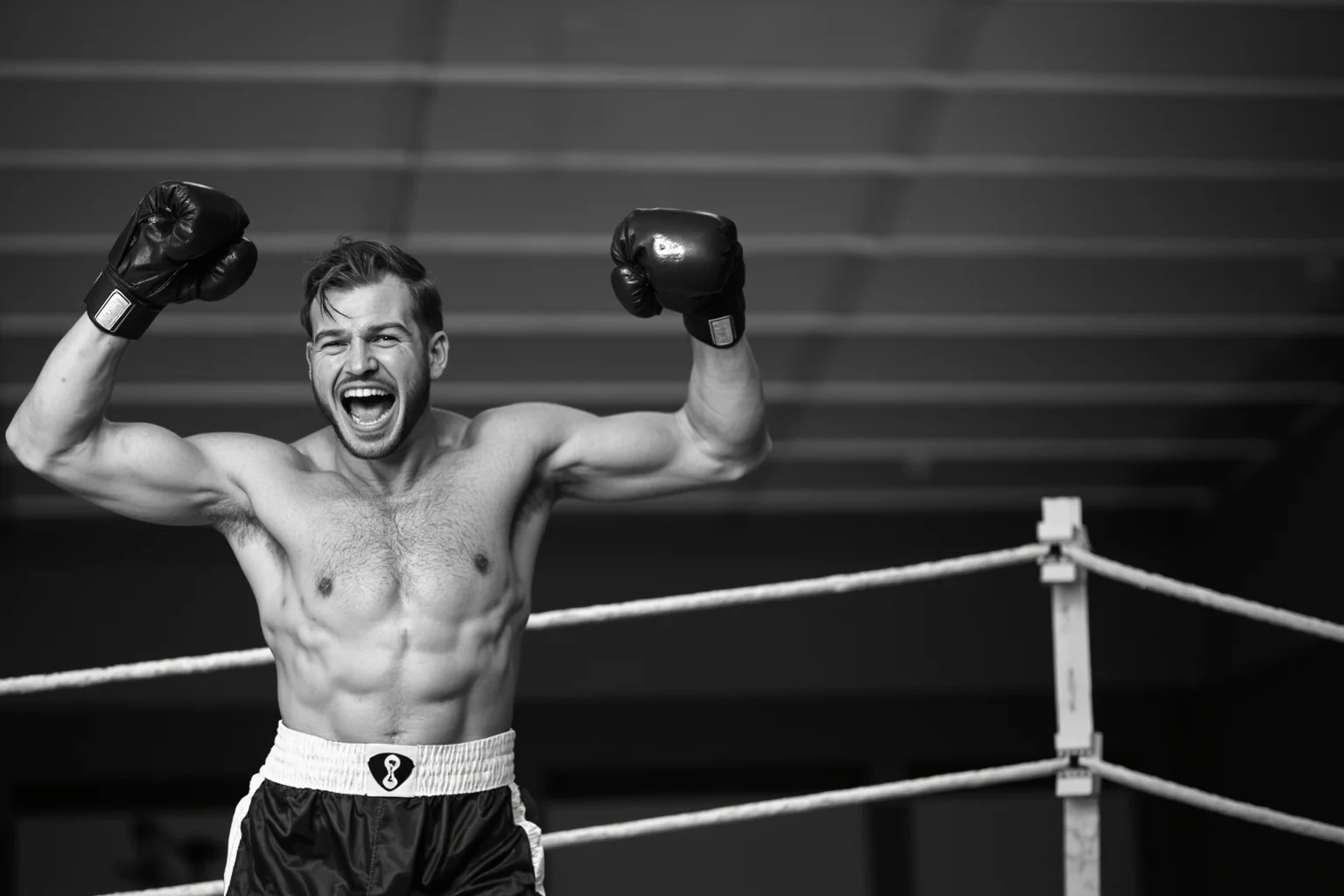 Confident mid-20th-century boxer in shorts and gloves posing triumphantly in a boxing ring