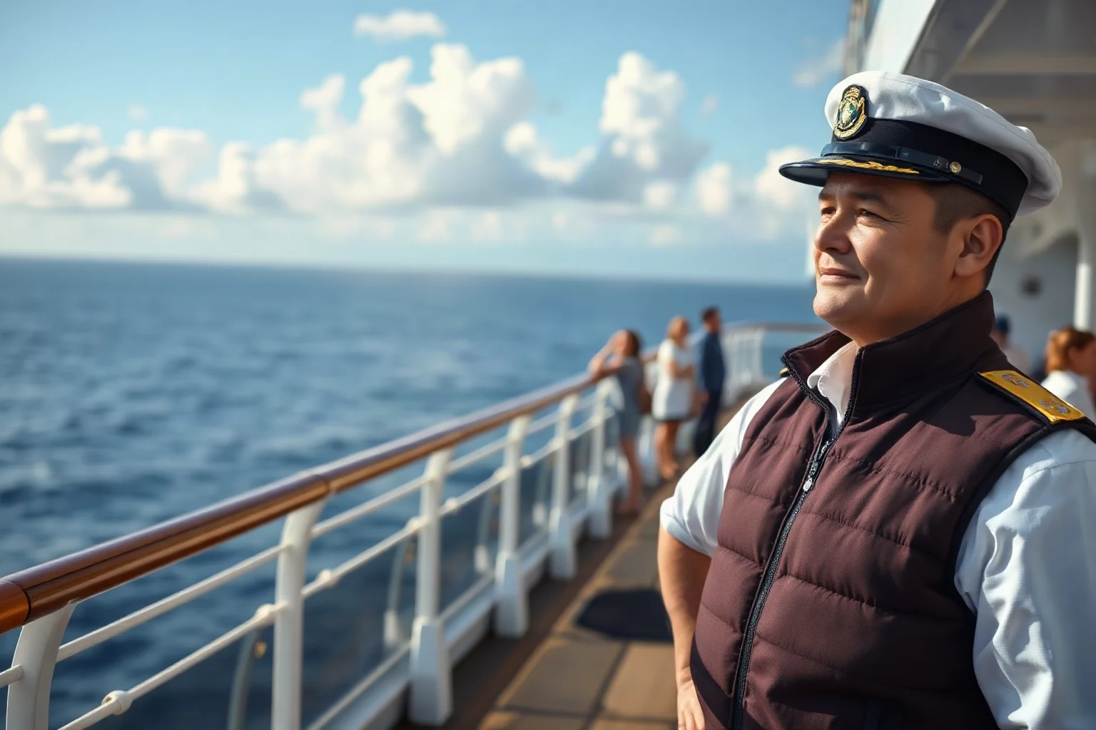 Confident ship's officer standing on deck of a grand liner, radiating calm reassurance to passengers