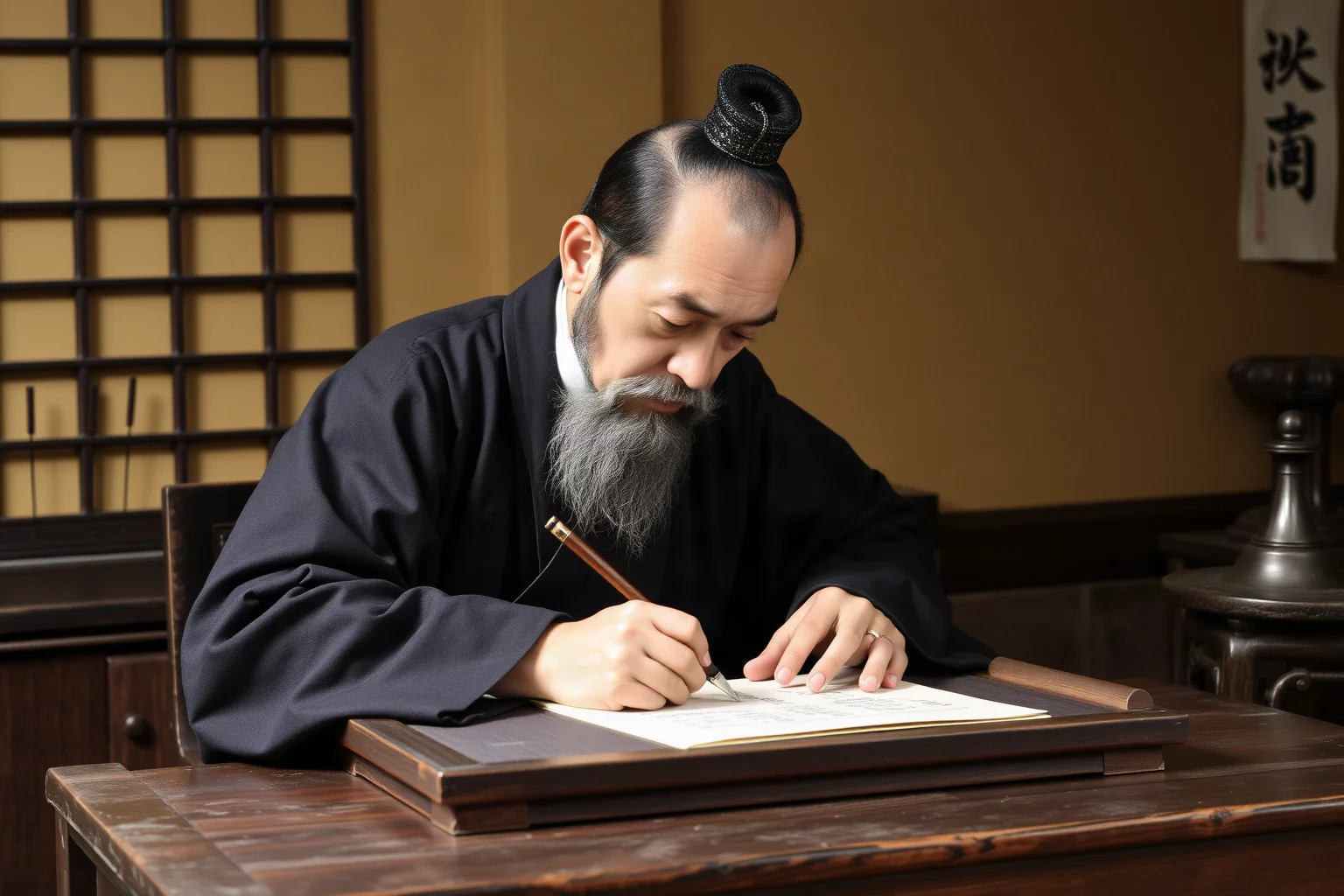 Confucian-era philosopher in scholar's robes writing on bamboo strips at a wooden desk