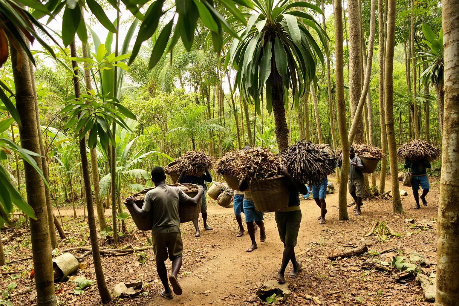 Congolese laborers in a rainforest clearing carrying baskets of raw rubber sap in the 19th century
