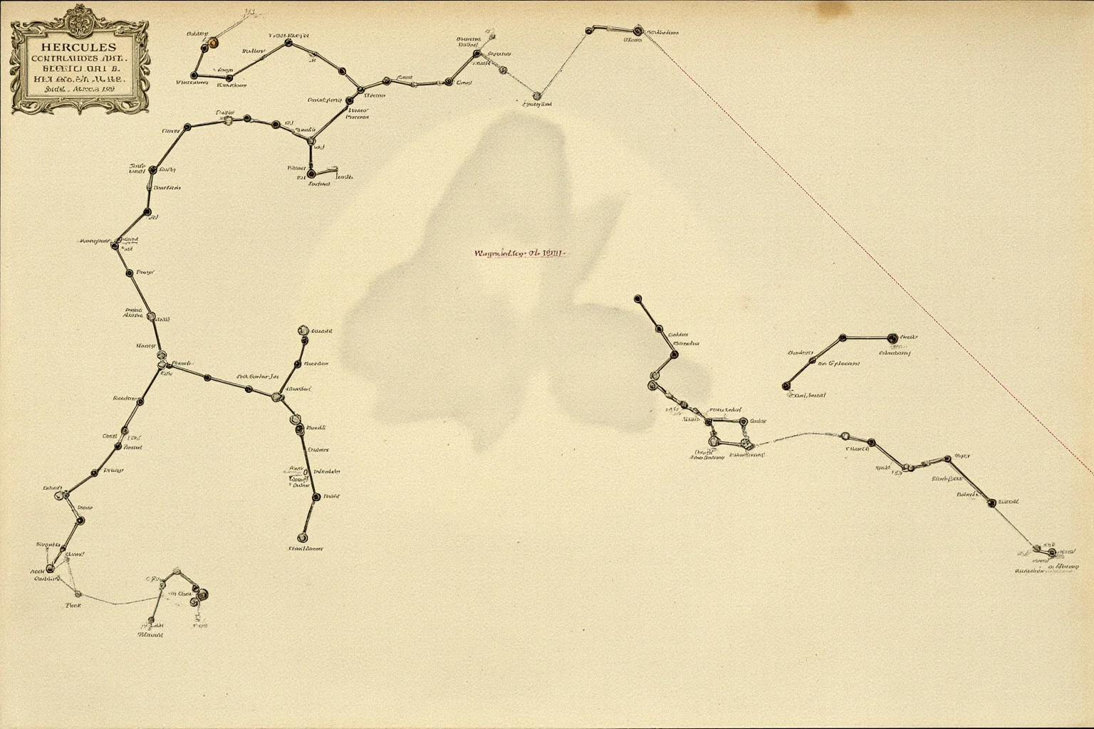 22 Famous Constellations With Fascinating Ancient Histories 15 Constellation illustration of Hercules with a faint heroic silhouette traced behind its star pattern