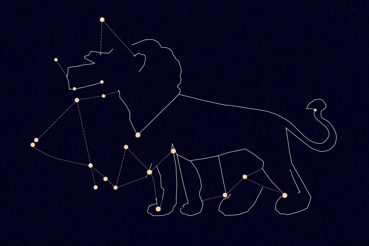 22 Famous Constellations With Fascinating Ancient Histories 9 Constellation illustration of Leo the Lion with a faint lion outline traced over its connected stars