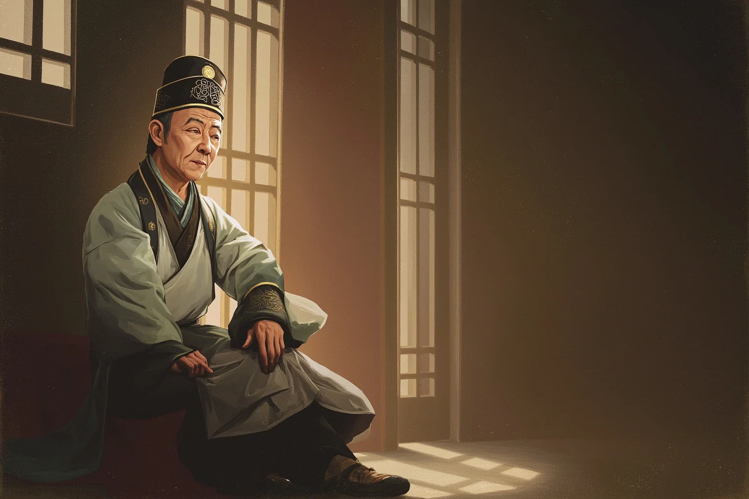 Contemplative illustrated portrait of an aging Tang-era ruler seated alone in a quiet palace hall, reflective mood