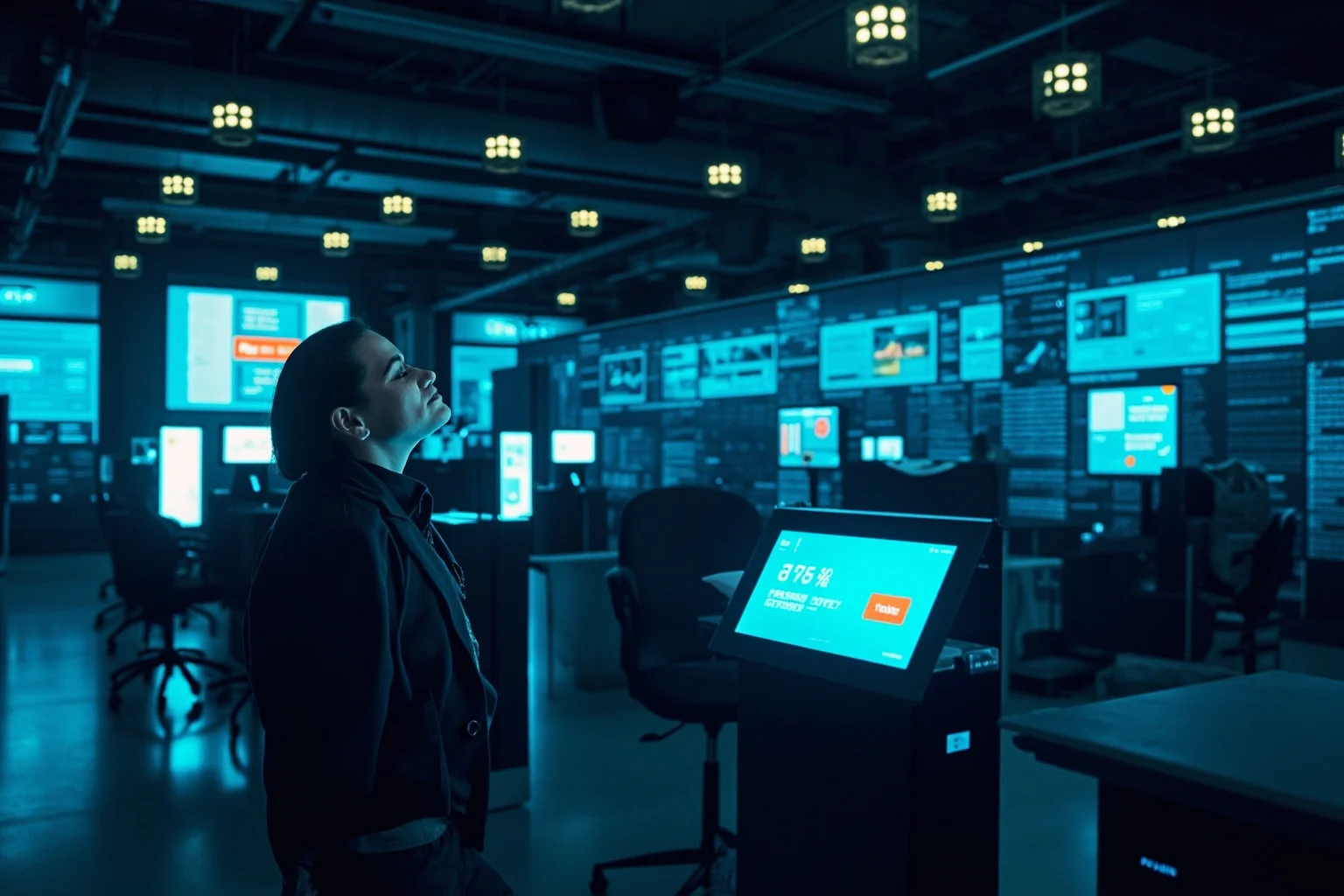 Contemporary European fintech office with digital payment terminals and glowing computer screens