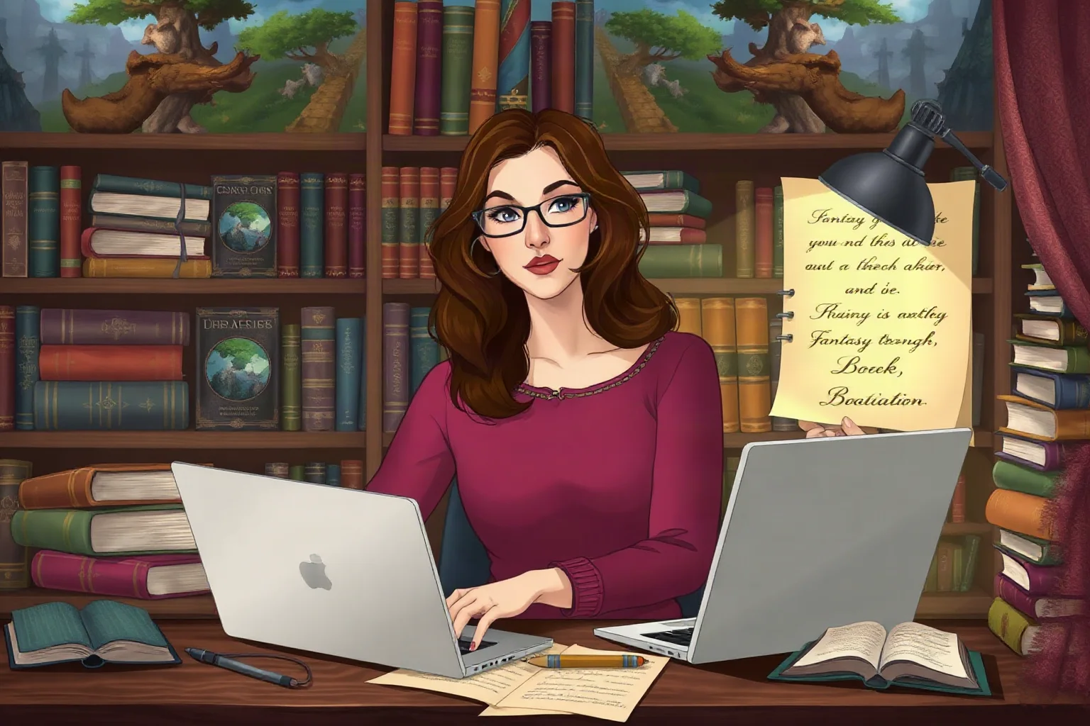 Contemporary illustration of a woman author at a laptop surrounded by fantasy-themed books and notes
