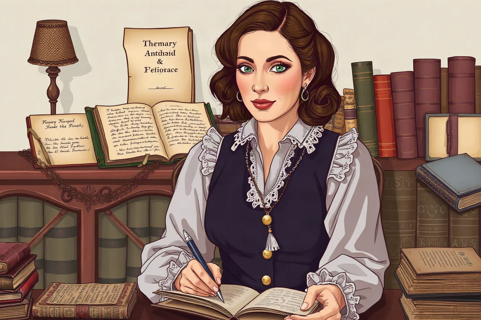 Contemporary illustration of a woman historical fiction author surrounded by antique books and old manuscripts