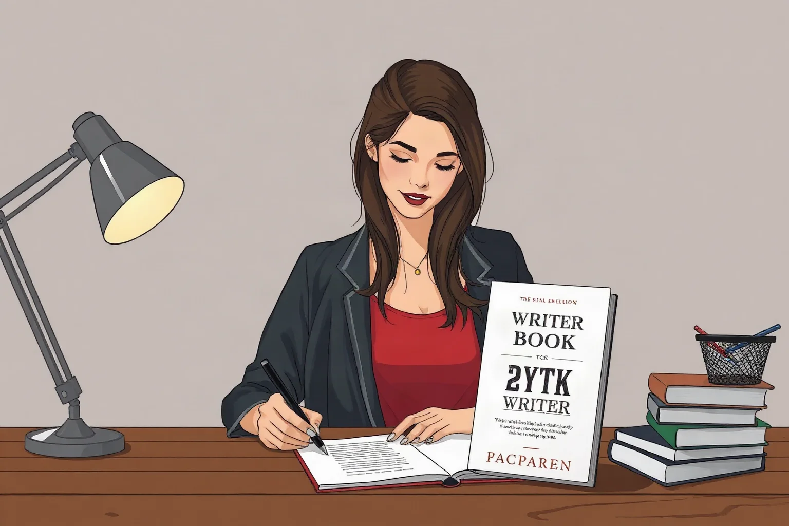 Contemporary illustration of a woman writer at a desk with a dystopian-themed book cover mockup nearby