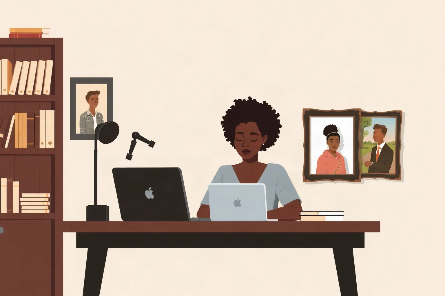 Contemporary illustration of an African woman writer at a desk with a laptop and framed family photos nearby