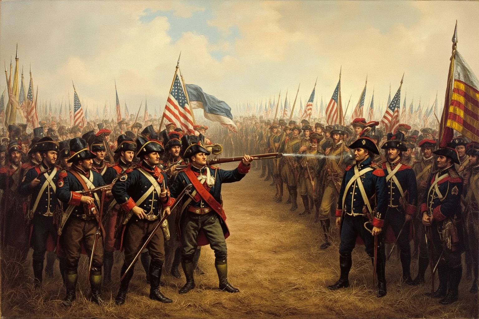 Battles That Defined American History 7 Continental Army soldiers in organized ranks facing British troops in an open field, 18th-century battle scene
