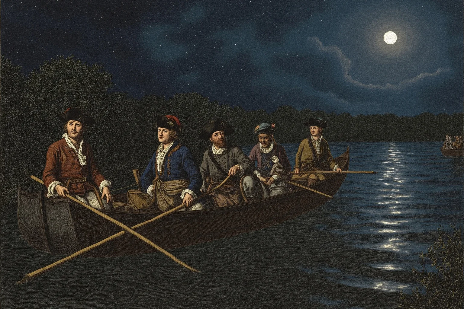 Battles That Defined American History 4 Continental Army soldiers retreating across a river at night in rowboats under moonlight, 18th-century historical illustration