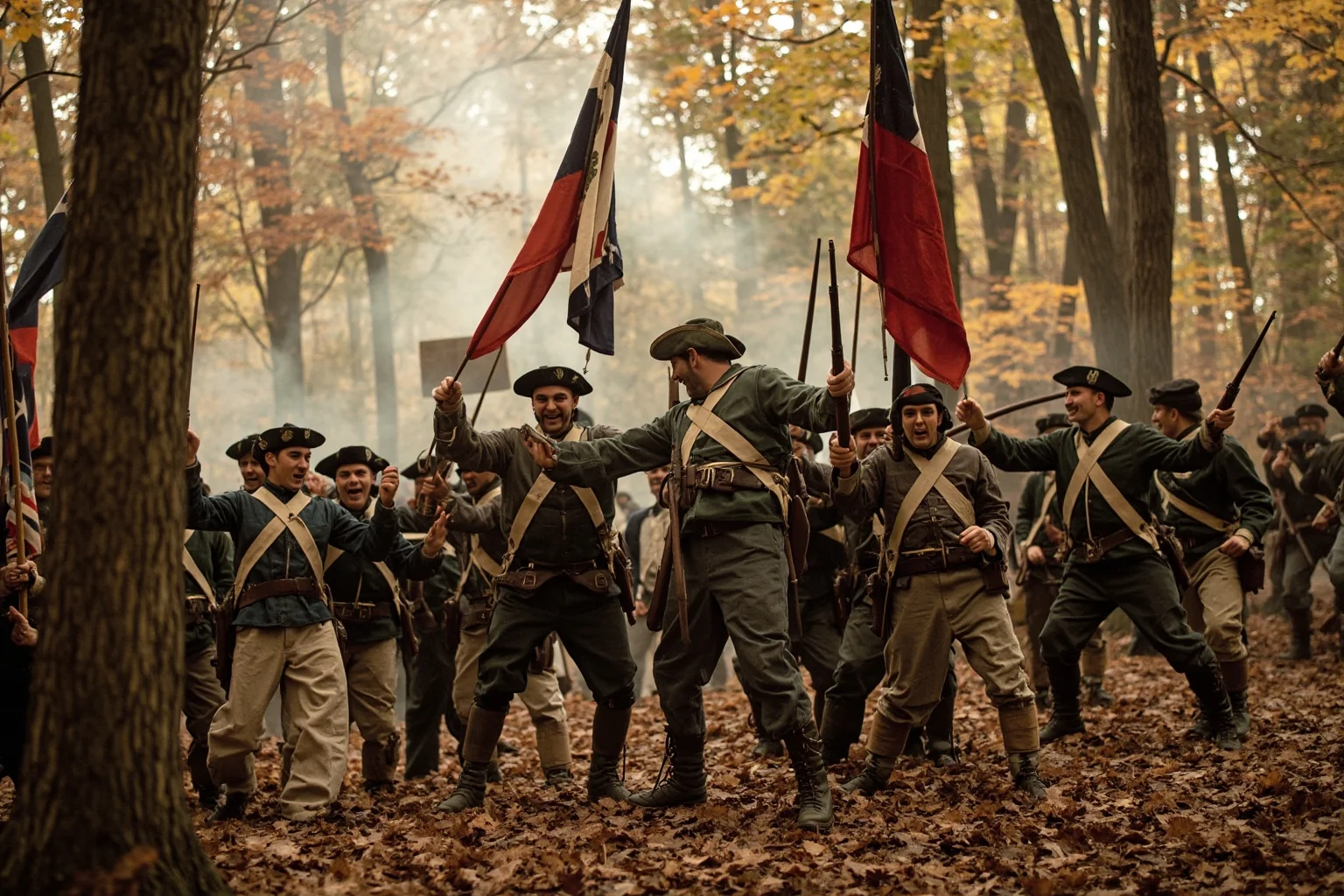 Continental Army soldiers with muskets and flags celebrating a victory in a colonial-era autumn forest clearing