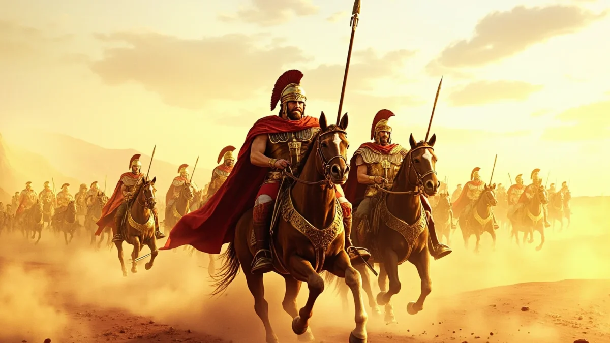 Stylized illustration of an ancient Macedonian general on horseback leading troops across a vast desert landscape