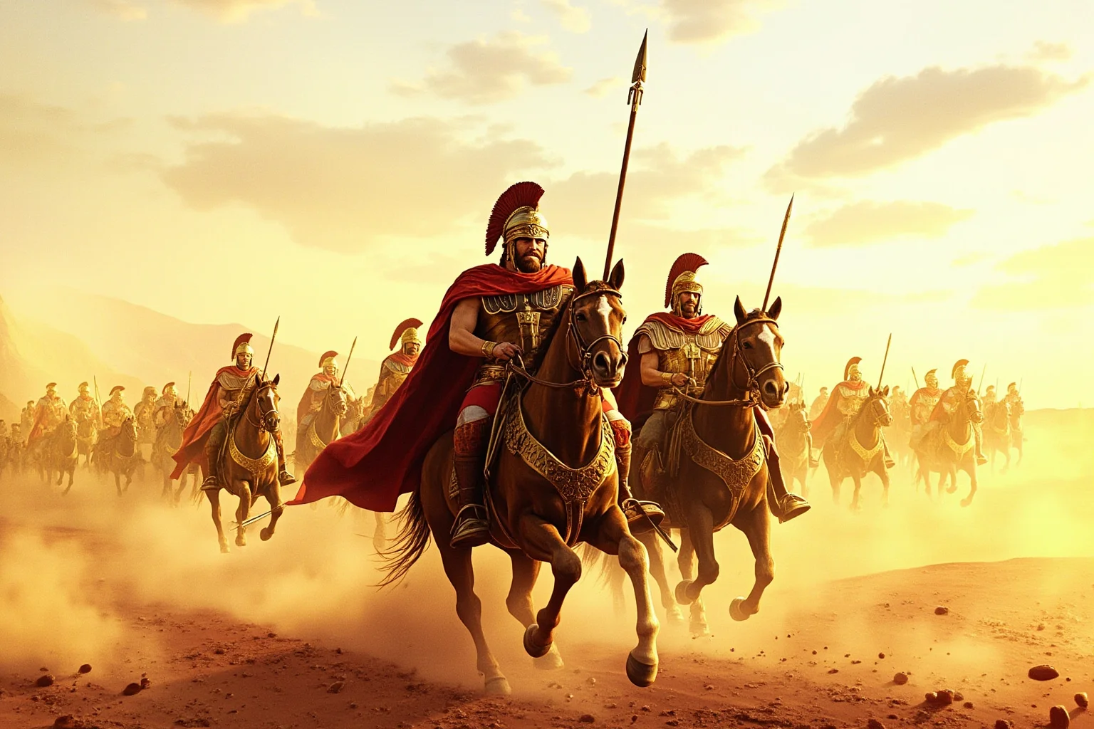 Stylized illustration of an ancient Macedonian general on horseback leading troops across a vast desert landscape