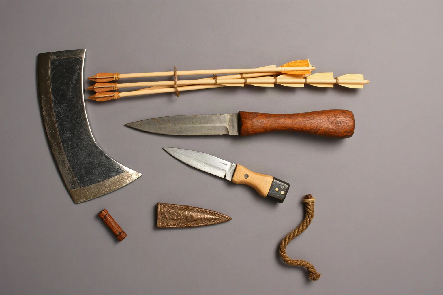 Copper Age axe, flint knife, and quiver of arrows arranged as an ancient tool kit