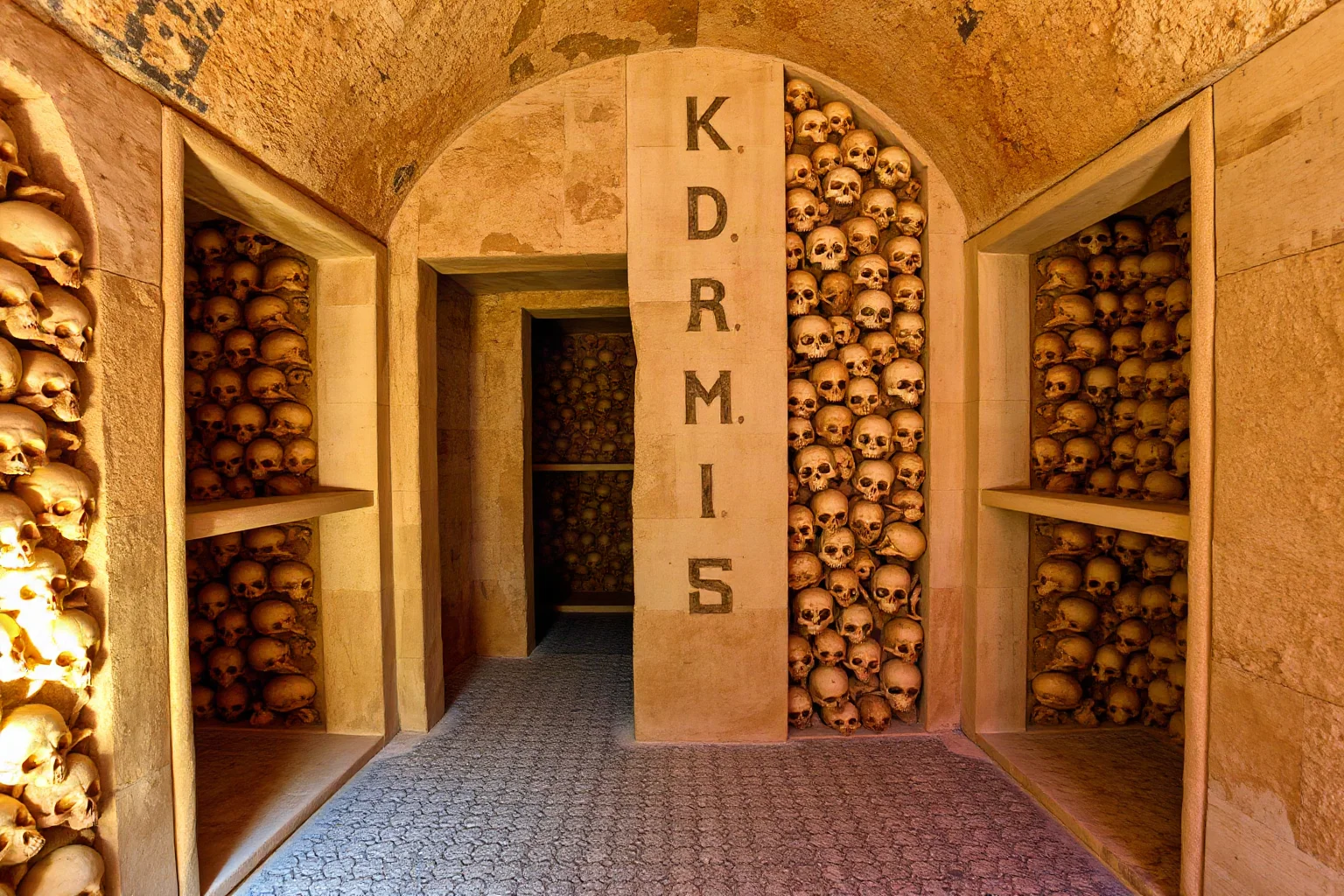 Corridors of stacked human bones and skulls arranged in geometric patterns and deliberate designs, with carved inscriptions on stone walls