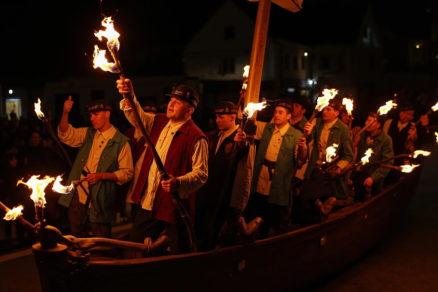 Costumed torch-bearing figures parading a wooden longship replica through a dark northern town