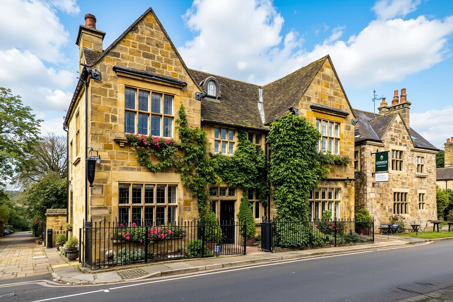 Cotswold stone coaching inn with mullioned windows and ivy climbing the facade, historic English village street