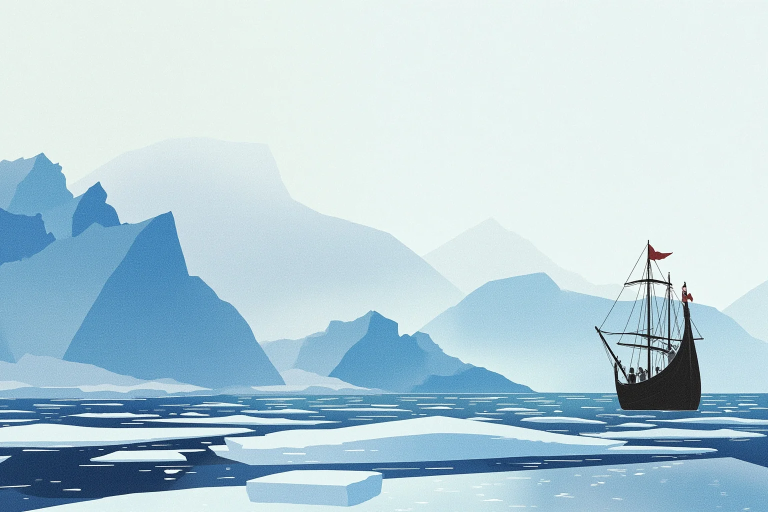 Illustration of a Norse ship approaching an icy fjord under a pale arctic sky