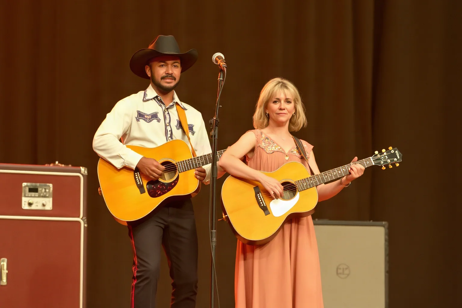 Country-music style couple in 1960s western stage outfits holding guitars on a stage