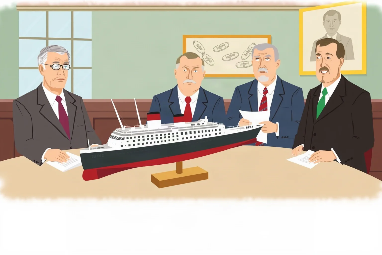 Courtroom-style illustration of an official inquiry with officials examining a model ocean liner and lifeboat plans