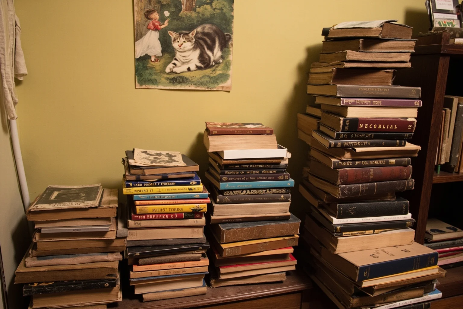Cozy early 20th-century English study with poetry books stacked high and a whimsical cat illustration on the wall