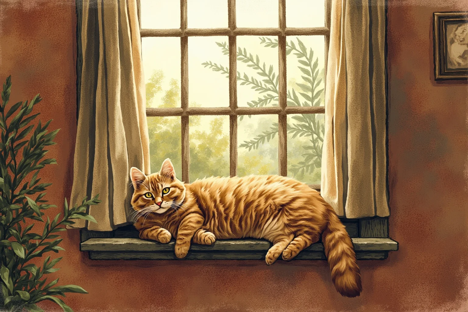 26 Famous Mark Twain Quotes (And the Ones He Never Actually Said) 19 Cozy illustration of a well-fed cat lounging on a windowsill in an old farmhouse