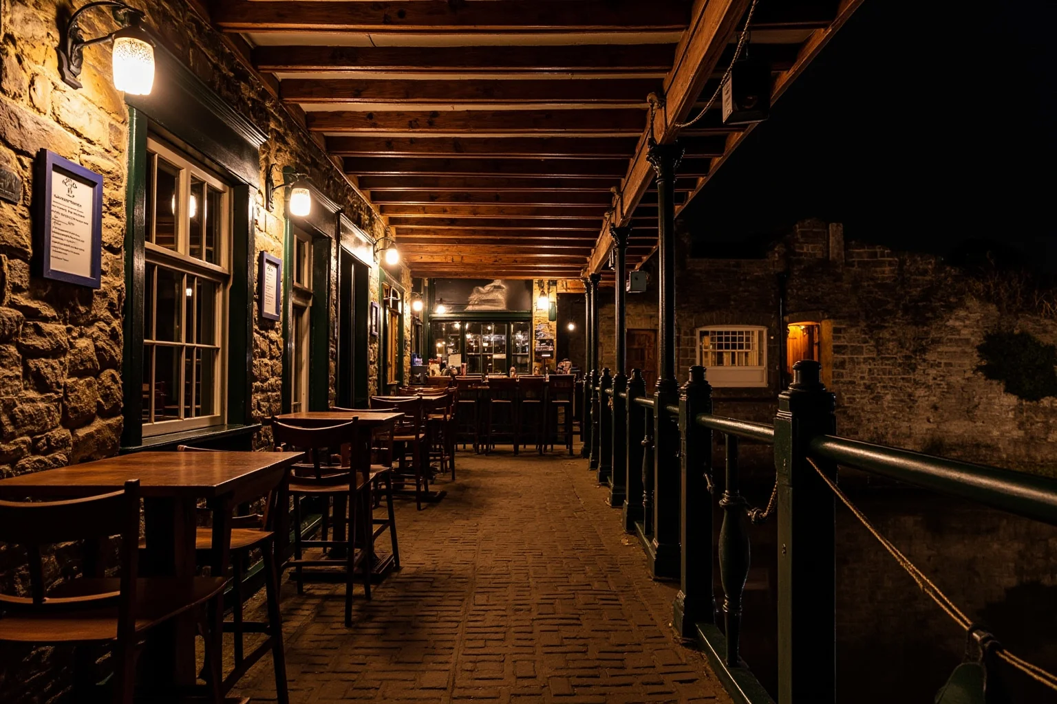 Cozy old Irish riverside pub with stone walls and wooden beams beside a stone bridge over a river, warm interior lighting