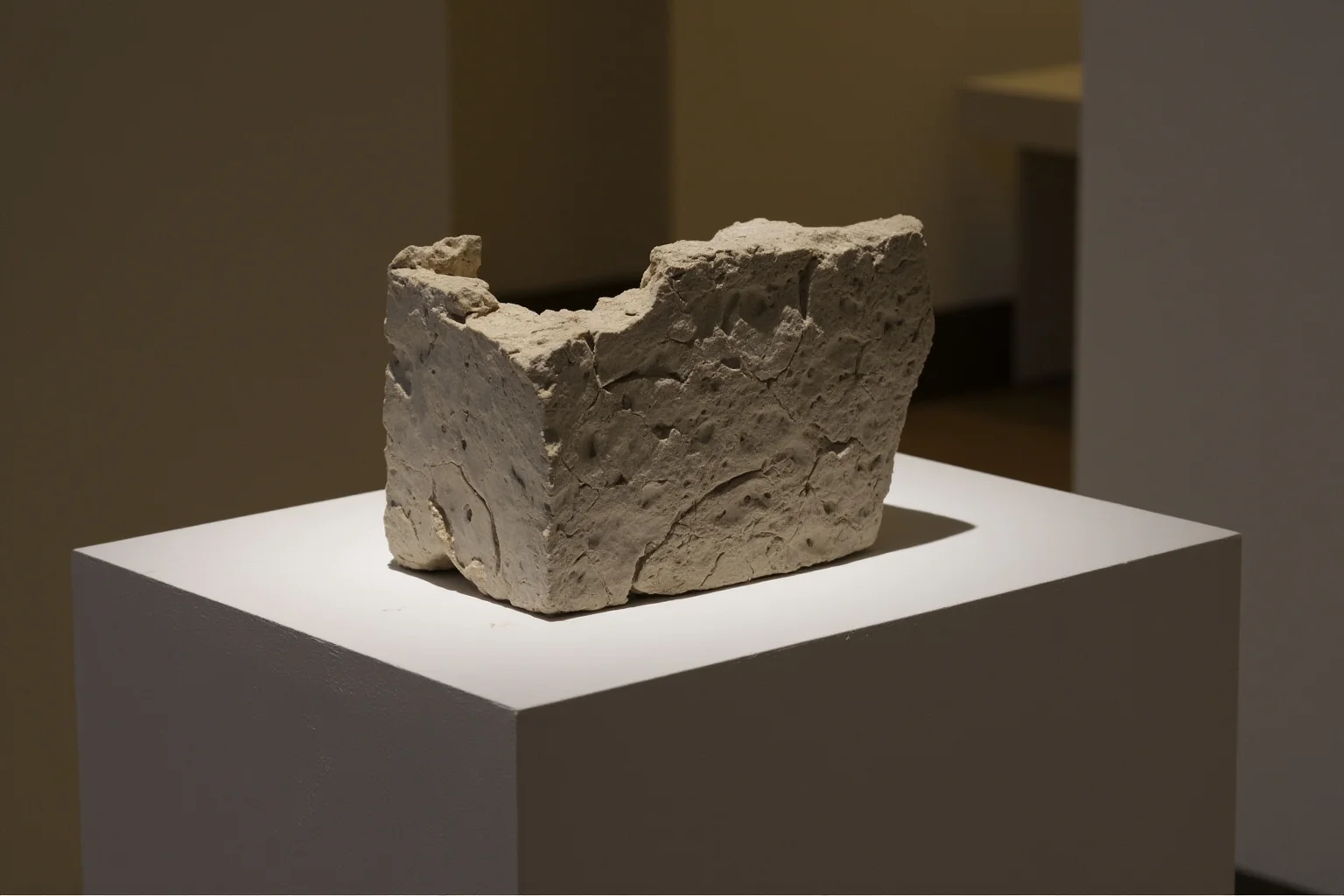 Cracked and chipped limestone fragments displayed on a pedestal in a formal government archive room