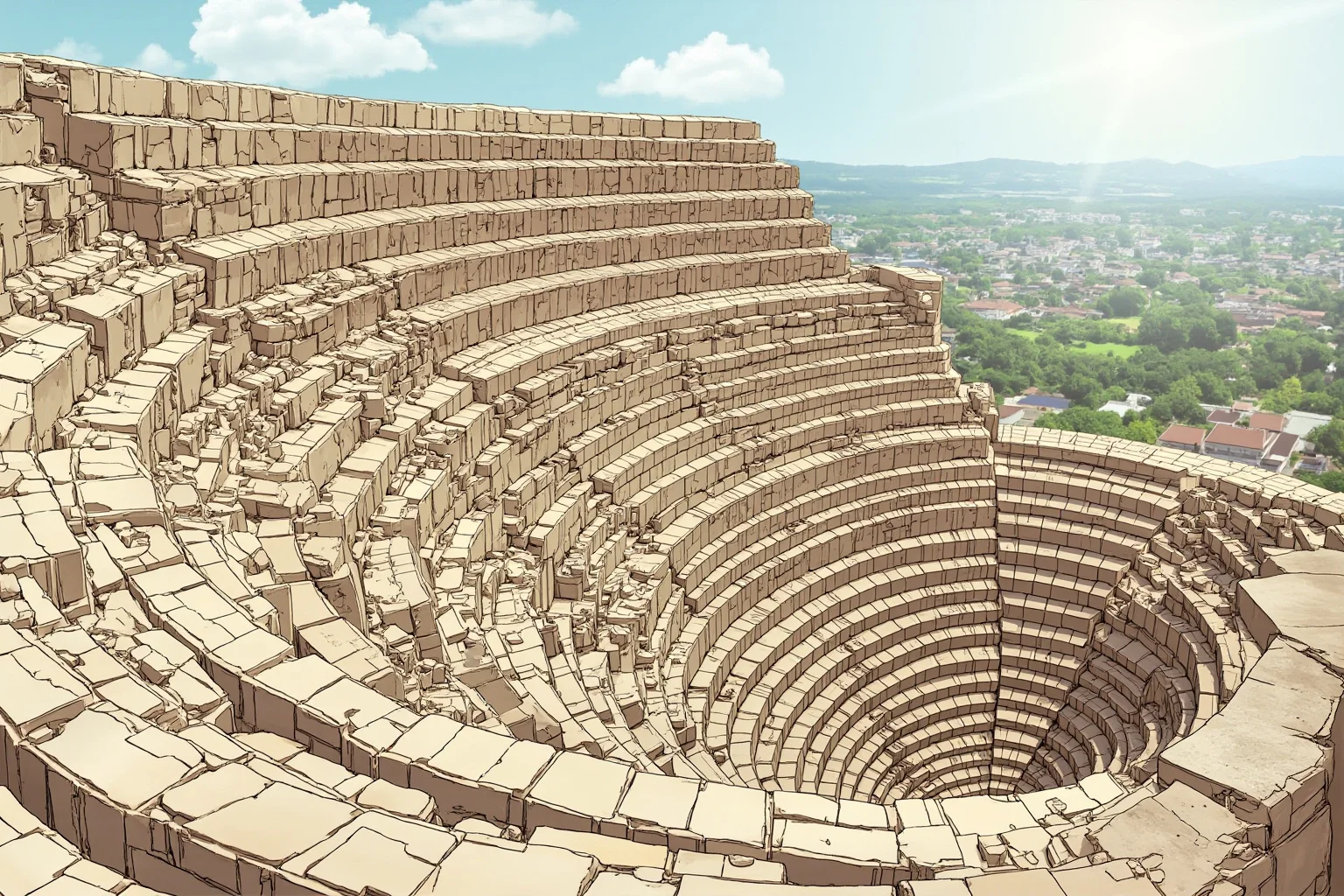 Cracked and partially collapsed ancient stone amphitheater wall after an earthquake, illustrated