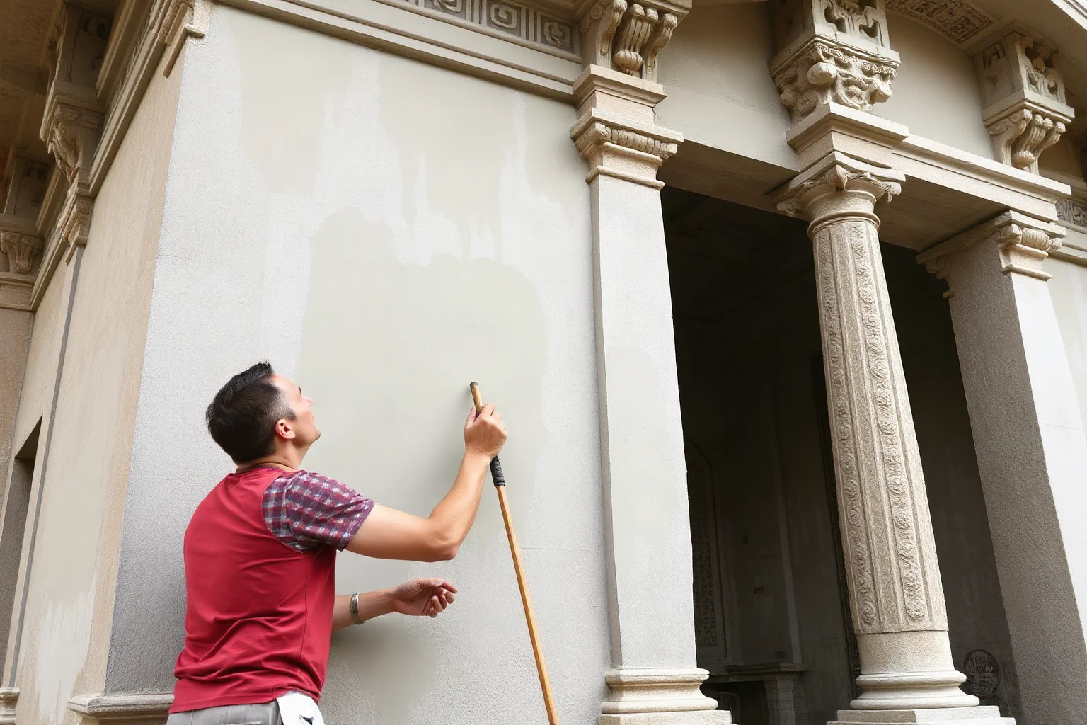 Craftsman applying smooth lime plaster stucco to a carved stone temple facade