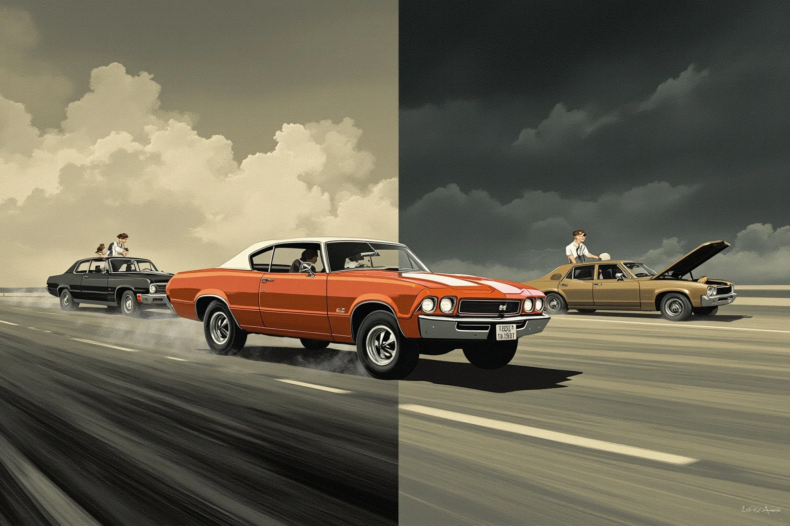 Symbolic split illustration of two vintage motorcades from different eras passing under a stormy sky, muted colors, no recognizable faces, editorial illustration style