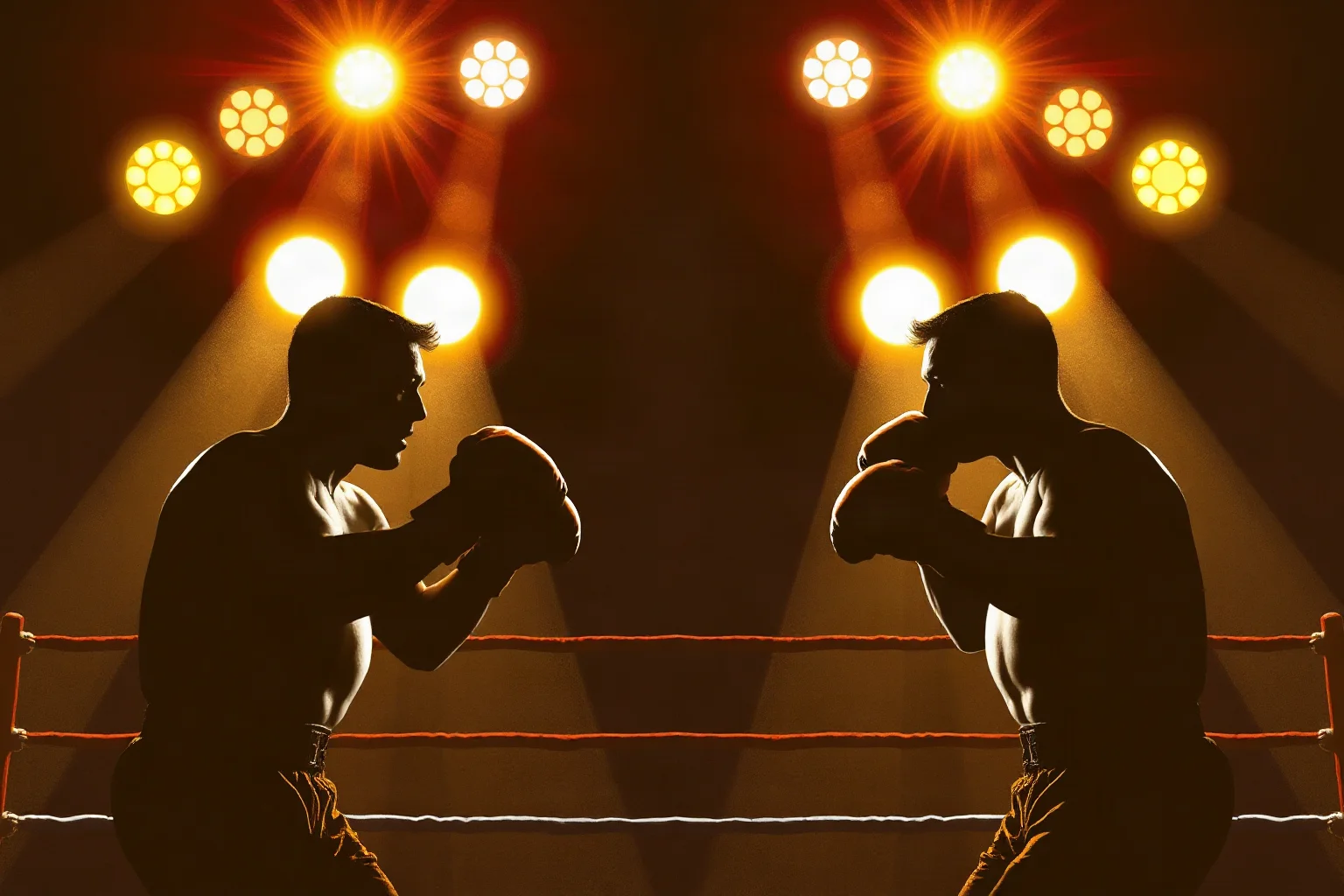 Two silhouetted boxers facing off under bright ring lights, vintage 1970s arena atmosphere, illustrative style