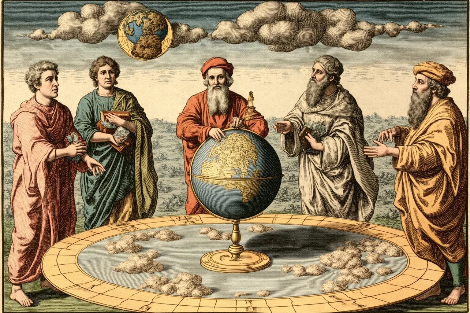 Medieval illustration-style artwork of scholars debating a globe, symbolizing the flat-earth myth