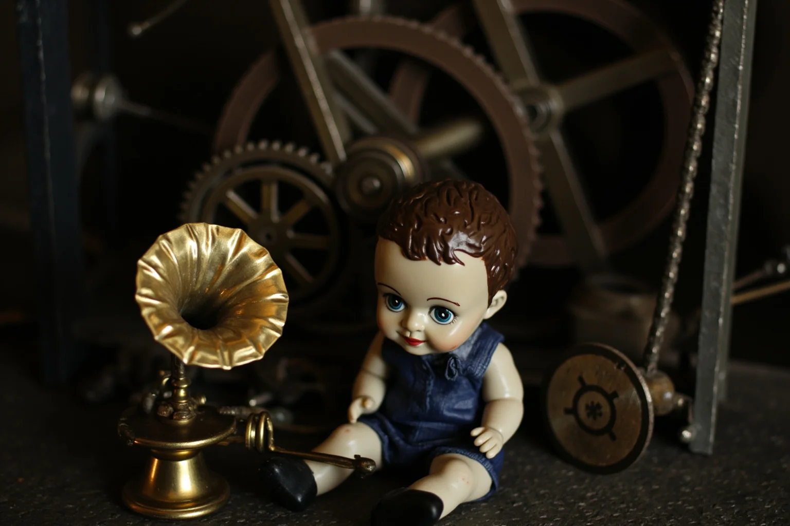 Inventors Who Stole Genius Ideas And Got All Glory 18 Creepy antique porcelain doll sitting beside old mechanical gears and a small phonograph horn