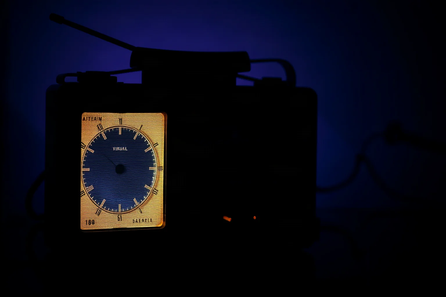 A vintage shortwave radio glowing in a dark room, dial illuminated, evoking a mysterious late-night broadcast