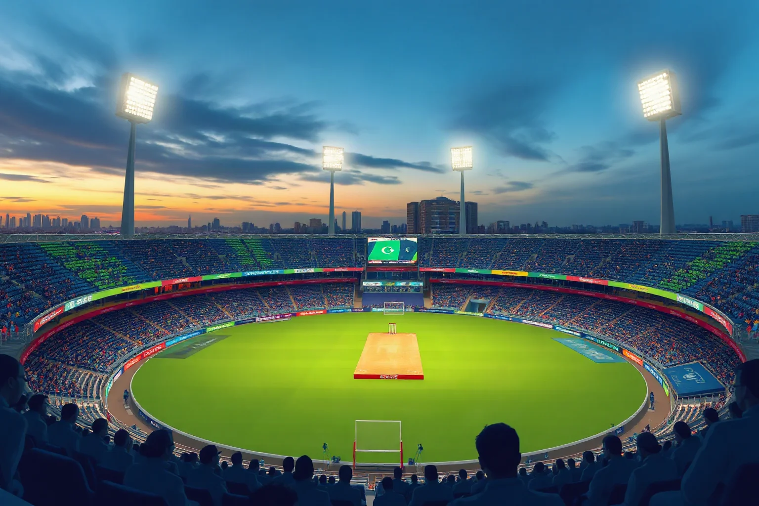 Cricket stadium at dusk with green and blue flag-colored crowd sections, illustrative style