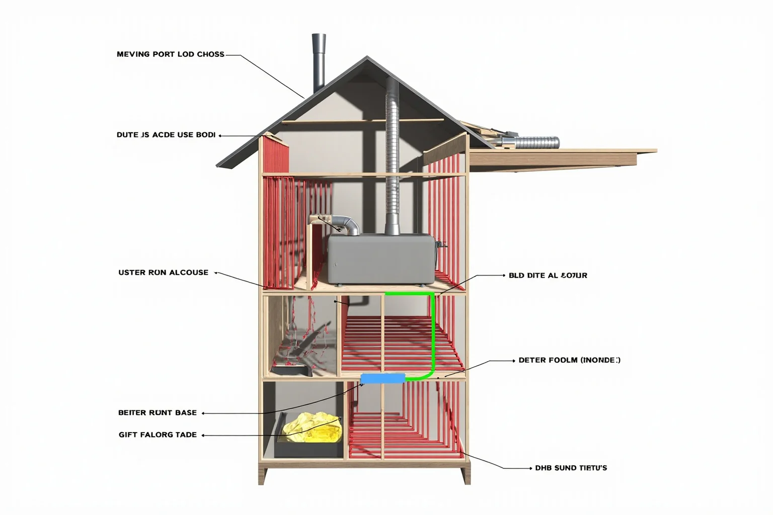 Cross-section diagram of a residential furnace with heating ducts extending through floors