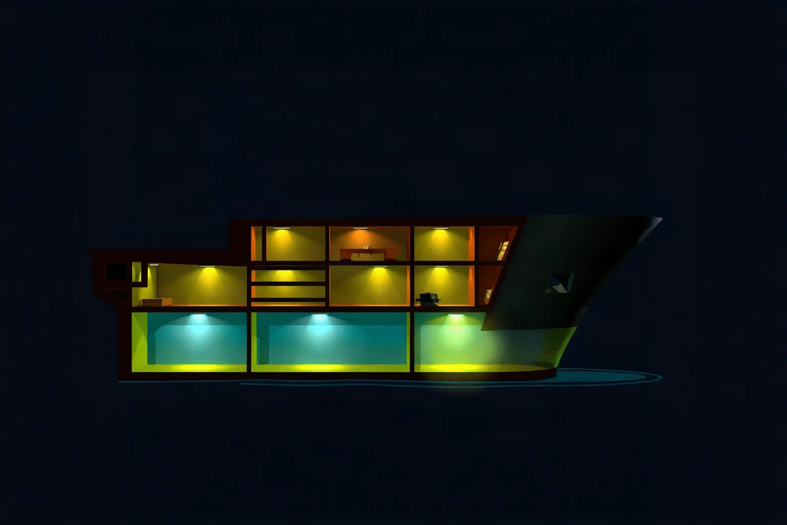 Cross-section illustration of a ship's hull showing internal watertight compartments glowing along the bottom
