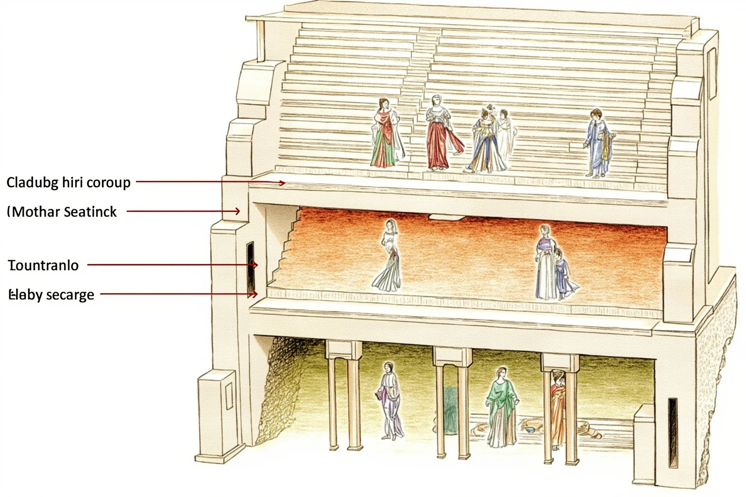 Cross-section illustration of tiered amphitheater seating showing distinct social classes in Roman dress