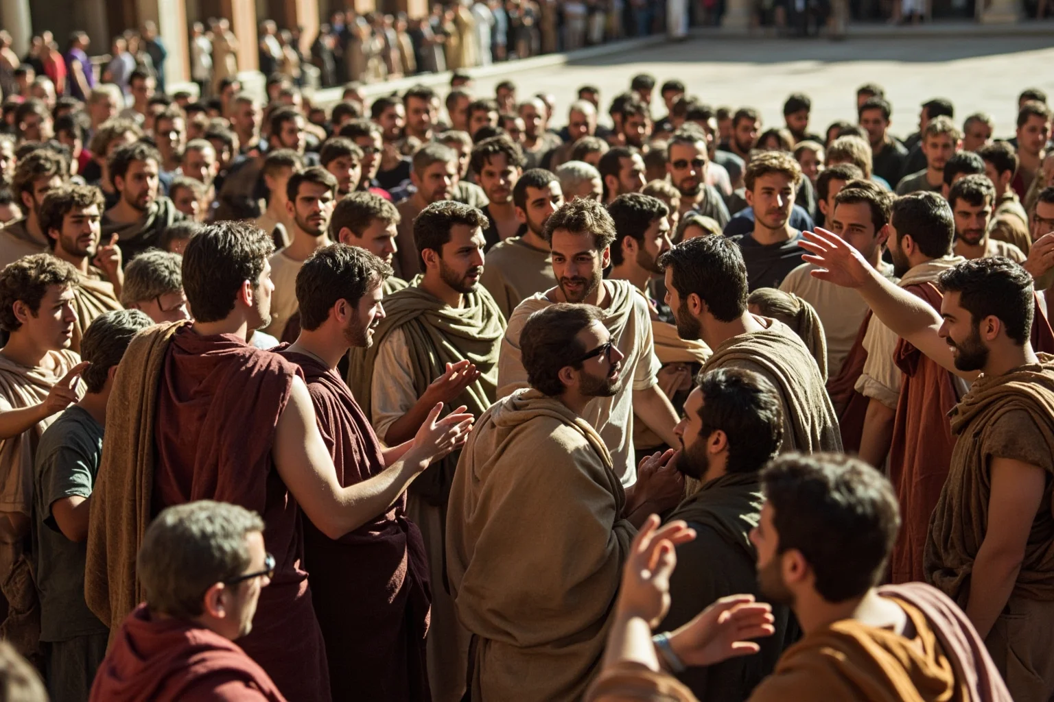 Crowd of ancient Roman citizens gathered in a forum, gesturing and debating, sculpture-lined plaza in the background