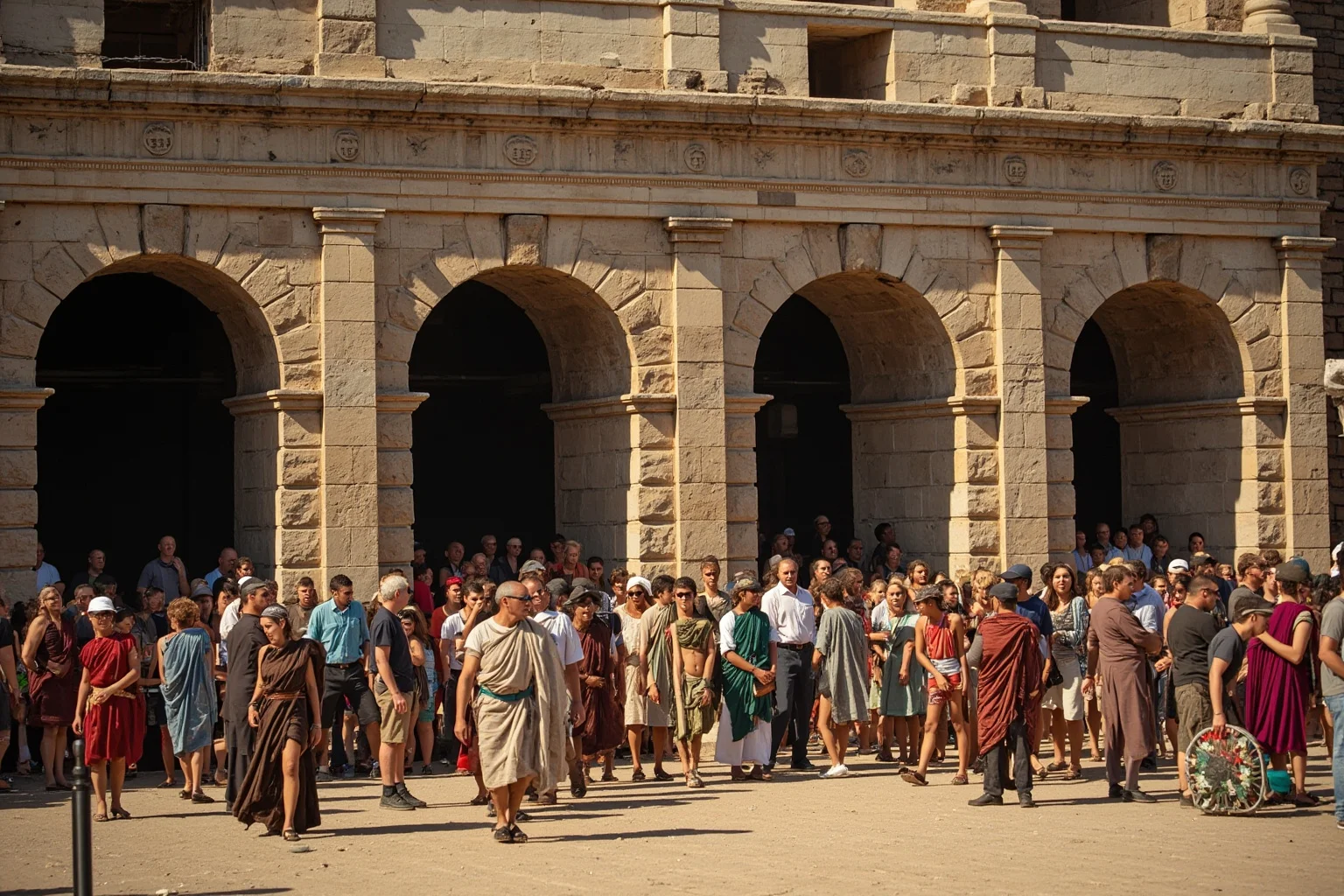 Crowd of ordinary Roman citizens entering an amphitheater freely through numbered stone archways
