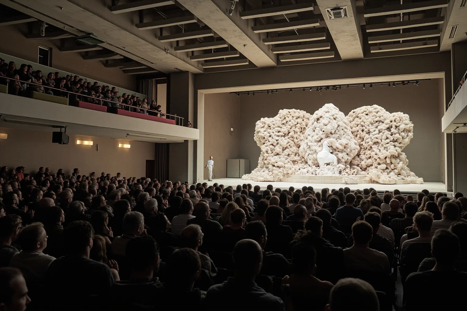Crowd of visitors seated in a large modern hall looking toward a massive sculptural backdrop on stage