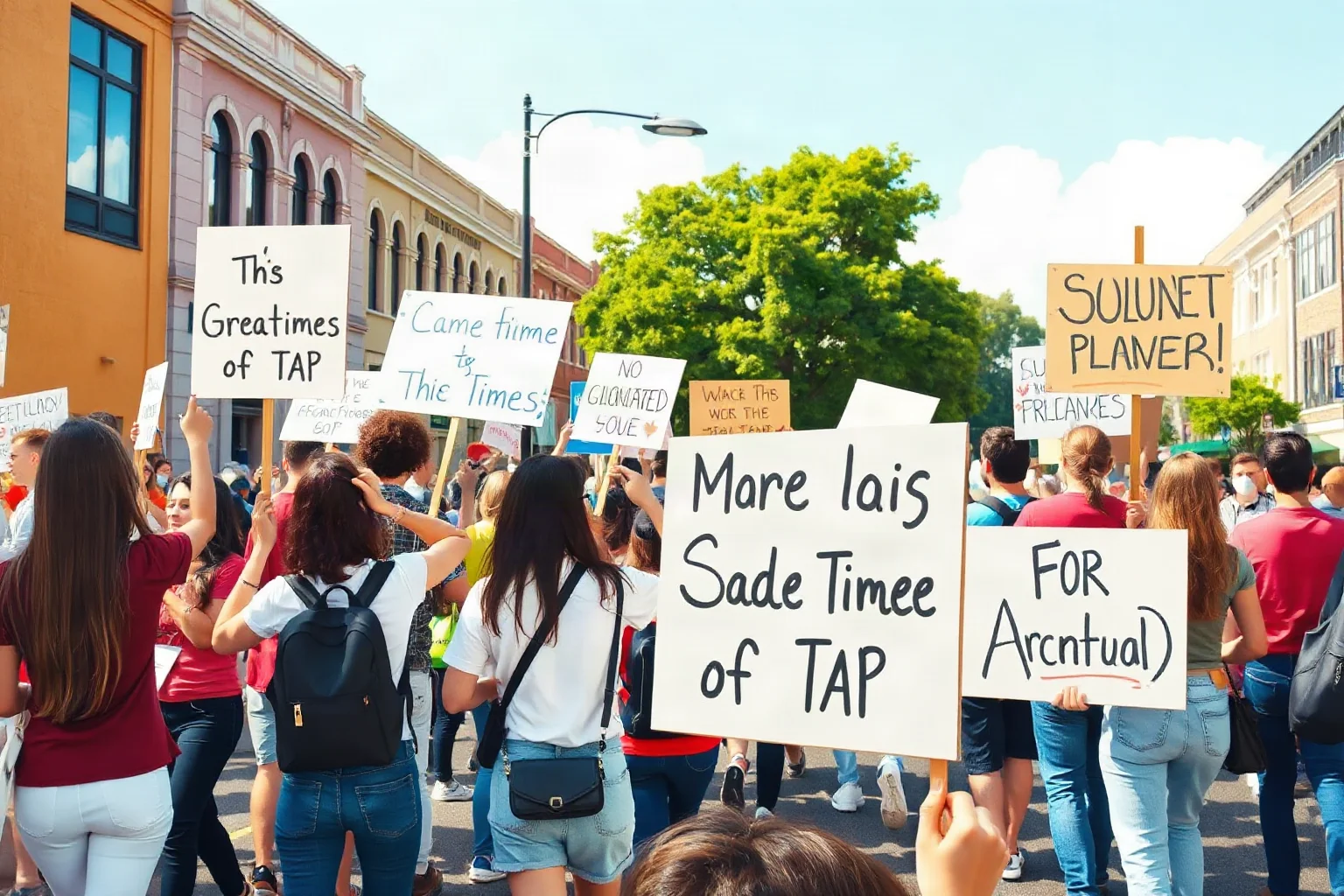 Crowd of young people marching with handmade signs on a sunny city street, optimistic illustrative style