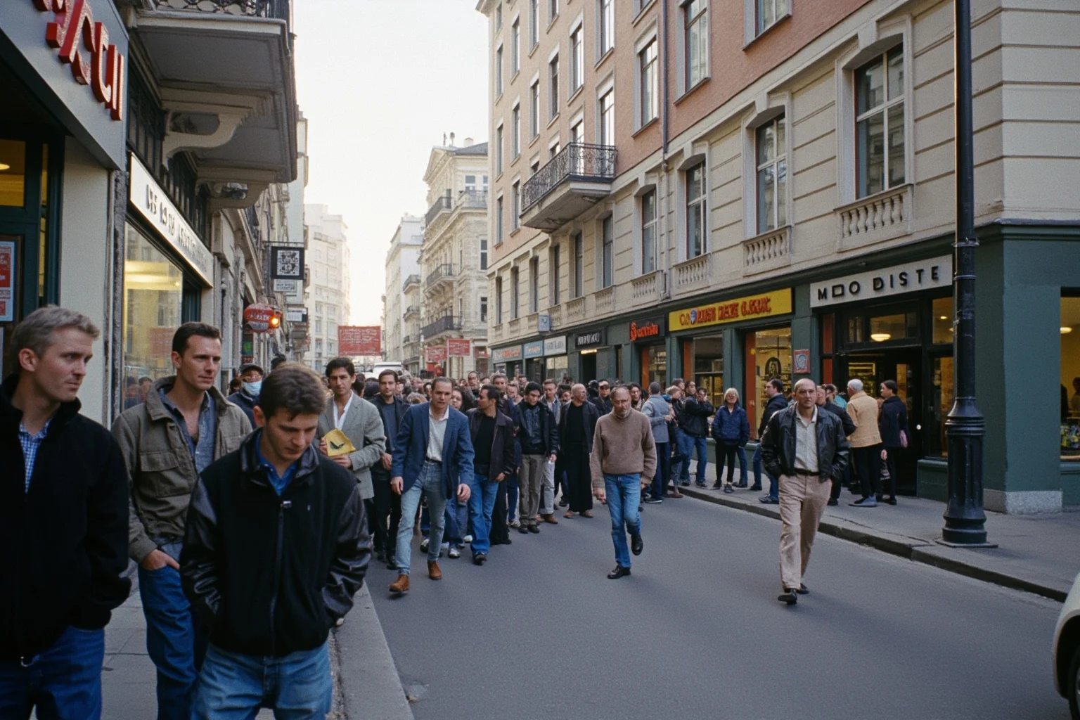 Crowded 1990s Russian city street with people lining up outside a bank during a financial scheme collapse