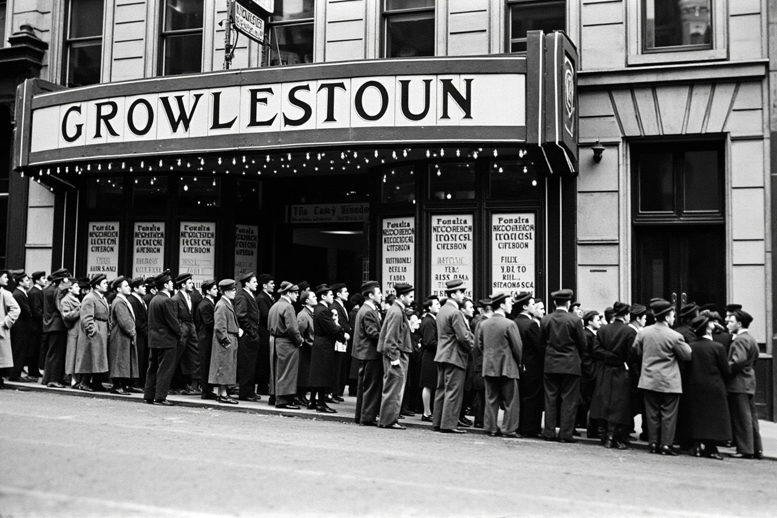 Crowded early 1900s nickelodeon movie theater storefront exterior with people lined up outside, vintage Pittsburgh street
